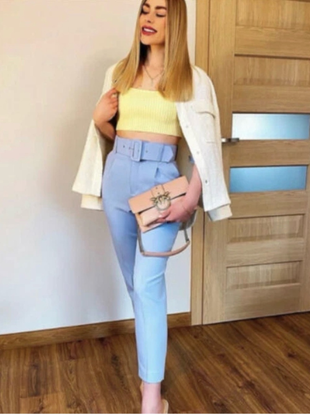 Zara High-Waist Belted Slim Trousers in Light Blue